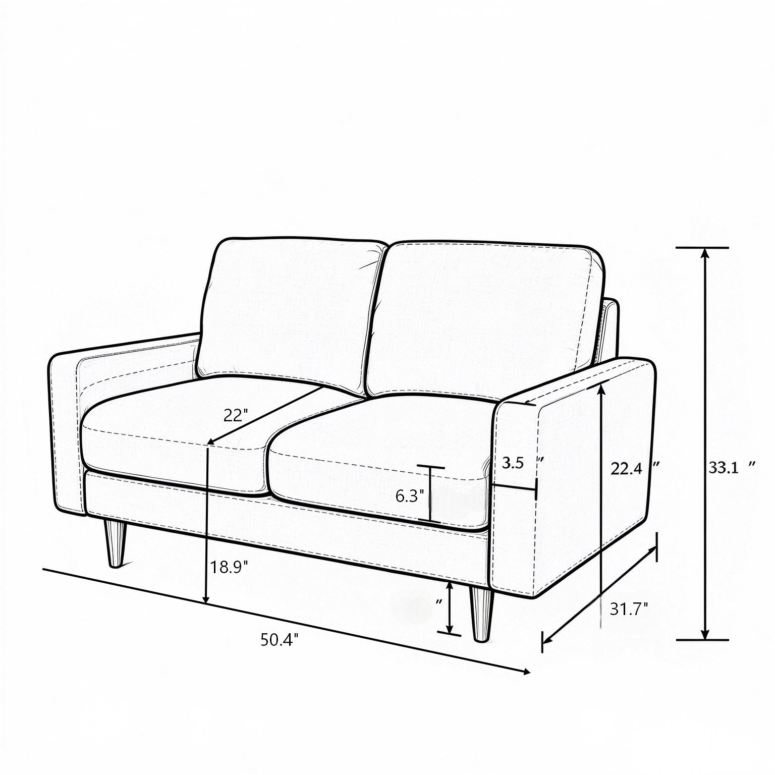 2 Seat Loveseat Sofa, Loose Back Cushion For Living Room