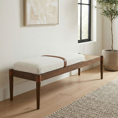 Nara - Linen Textured Fabric Upholstered Bench - Painted Brown Walnut