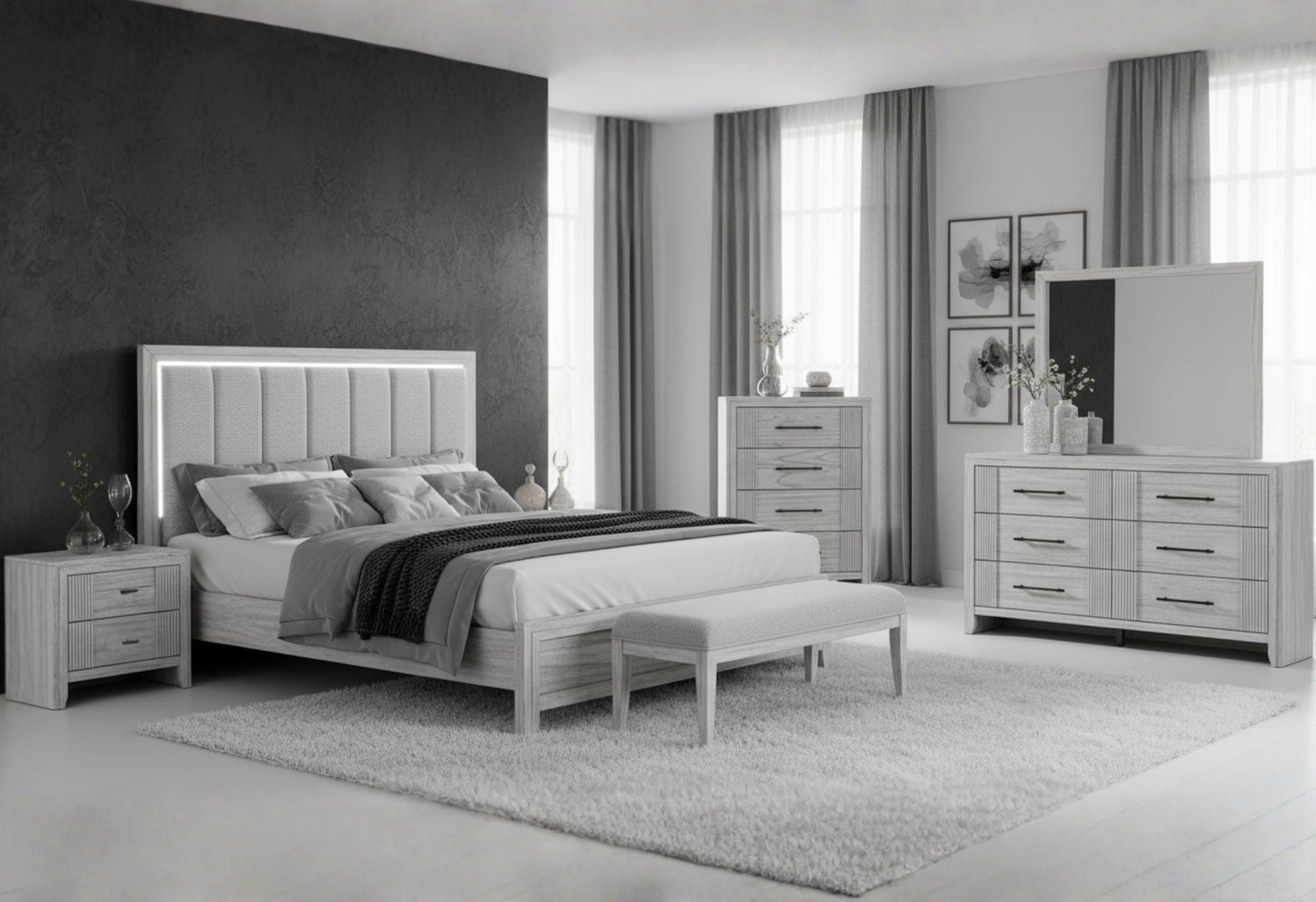 Elsie - King Bed With LED - Light Gray