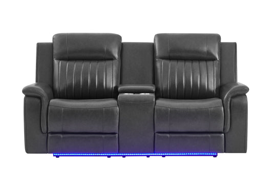 U8879 - Power Console Reclining Loveseat With LED, Global Surround System & Audio Subwoofer - Charcoal