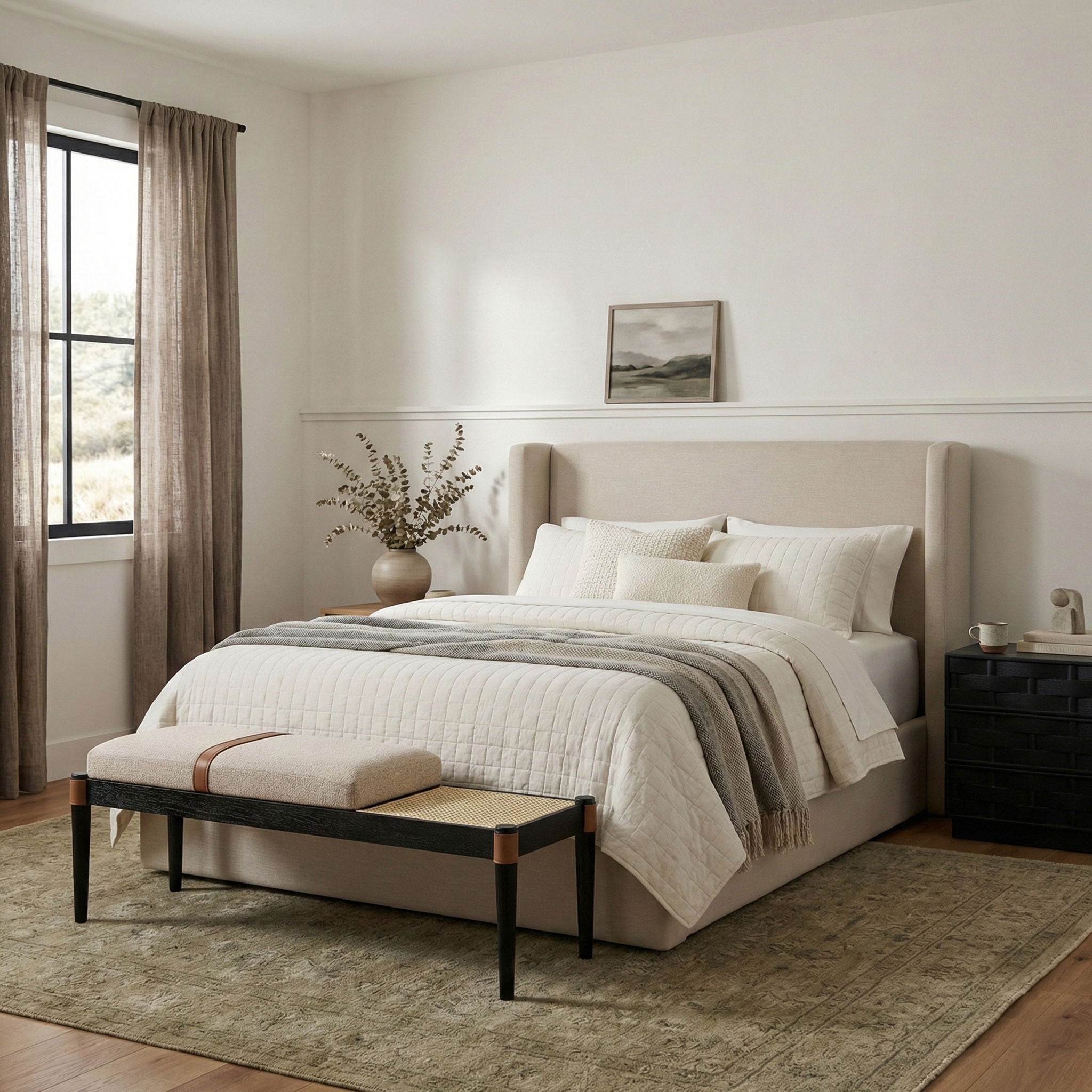Nara - Linen Textured Fabric Upholstered Bench - Painted Black