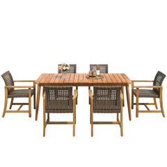 7 Piece Patio Dining Set, Slatted Table & 6 Chairs For Patio Garden - Mocha / Teak