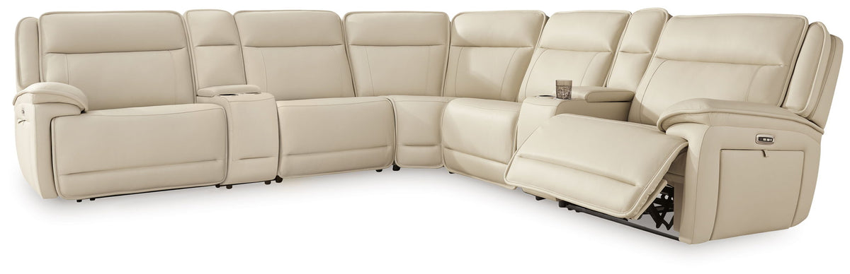 Double Deal - 7-Piece Power Reclining Sectional With 2 Consoles - Almond