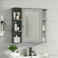 Bathroom Wall Storage Cabinet With Mirror And Adjustable Shelf, 6 Open Shelves