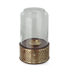 Boho Handcrafted Mango Wood Hurricane Candle Holder With Tempered Glass And Metal Accents - Brown