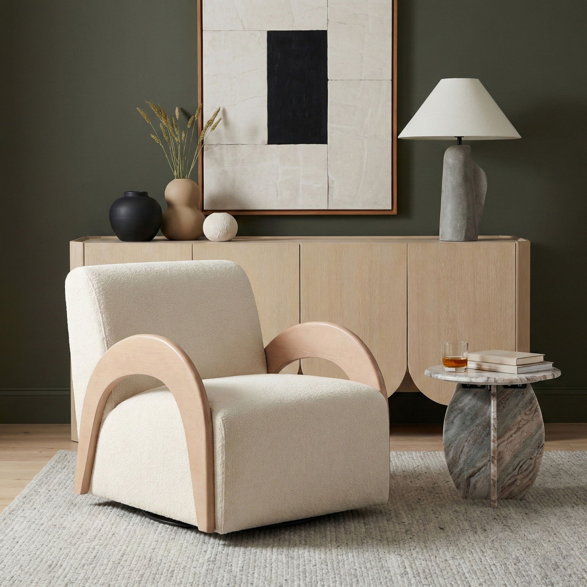 Neria - Chenille Fabric Upholstered Swivel Accent Chair - Cream / Painted Natural