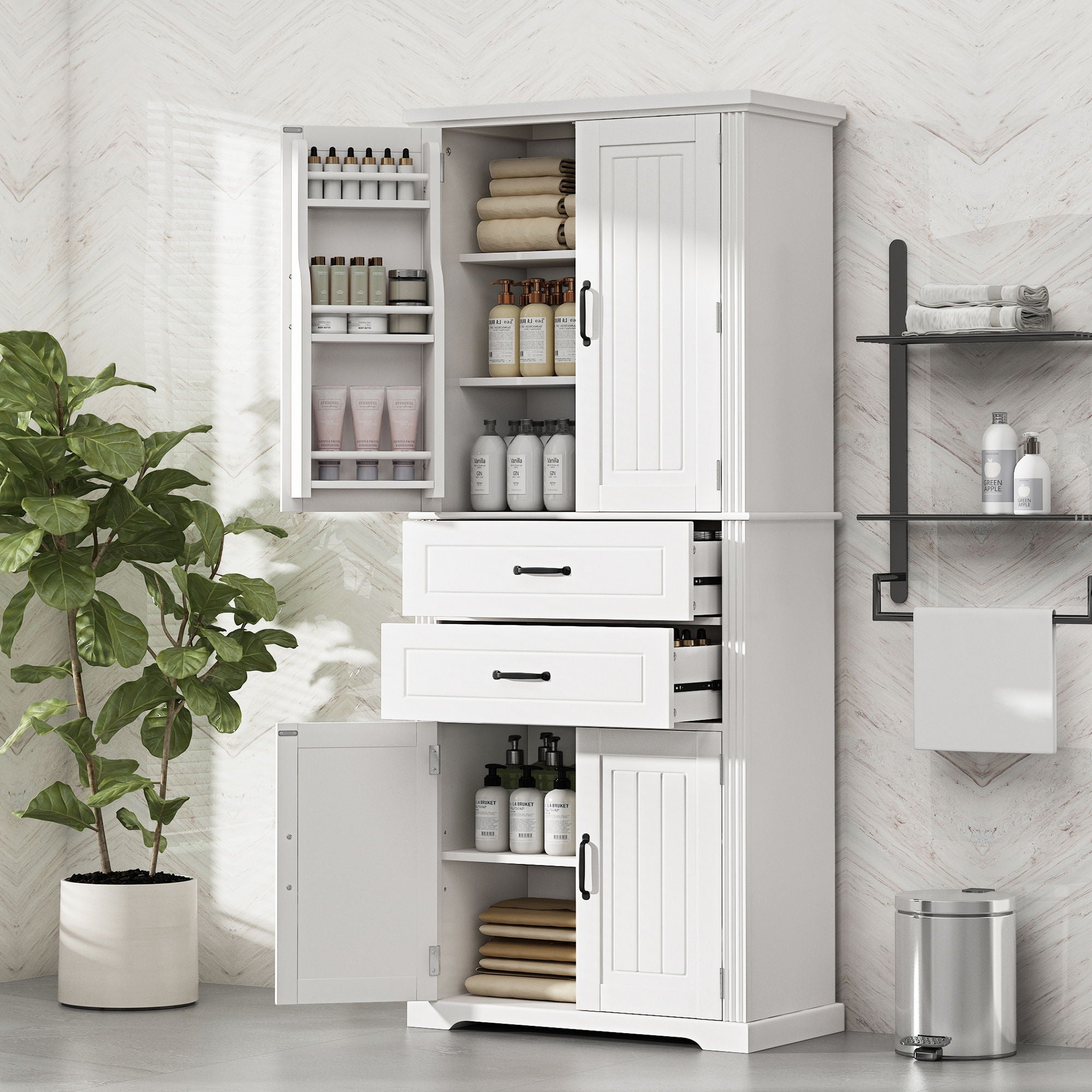 Storage Cabinet With Adjustable Shelves, 2 Drawers, Doors