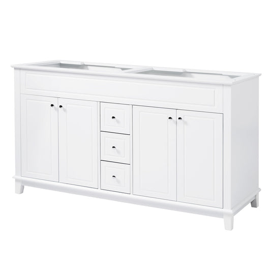 Bathroom Vanity Cabinet Only, 3 Drawers & 4 Doors & Double Layer Shelves - White