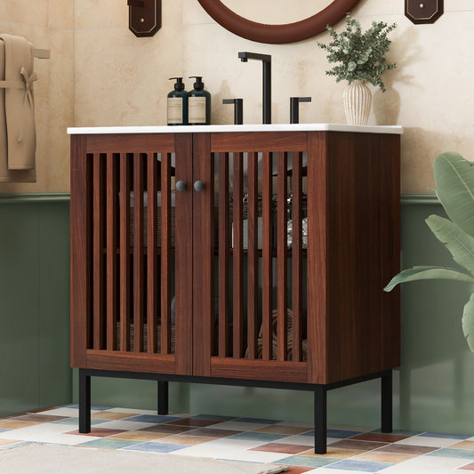 30" Vintage Bathroom Vanity With Ceramic Sink, Modern Bathroom Vanity Cabinet With 2 Soft Close Doors, Equpiied With 4 Sturdy Iron Legs - Antique Dark Brown