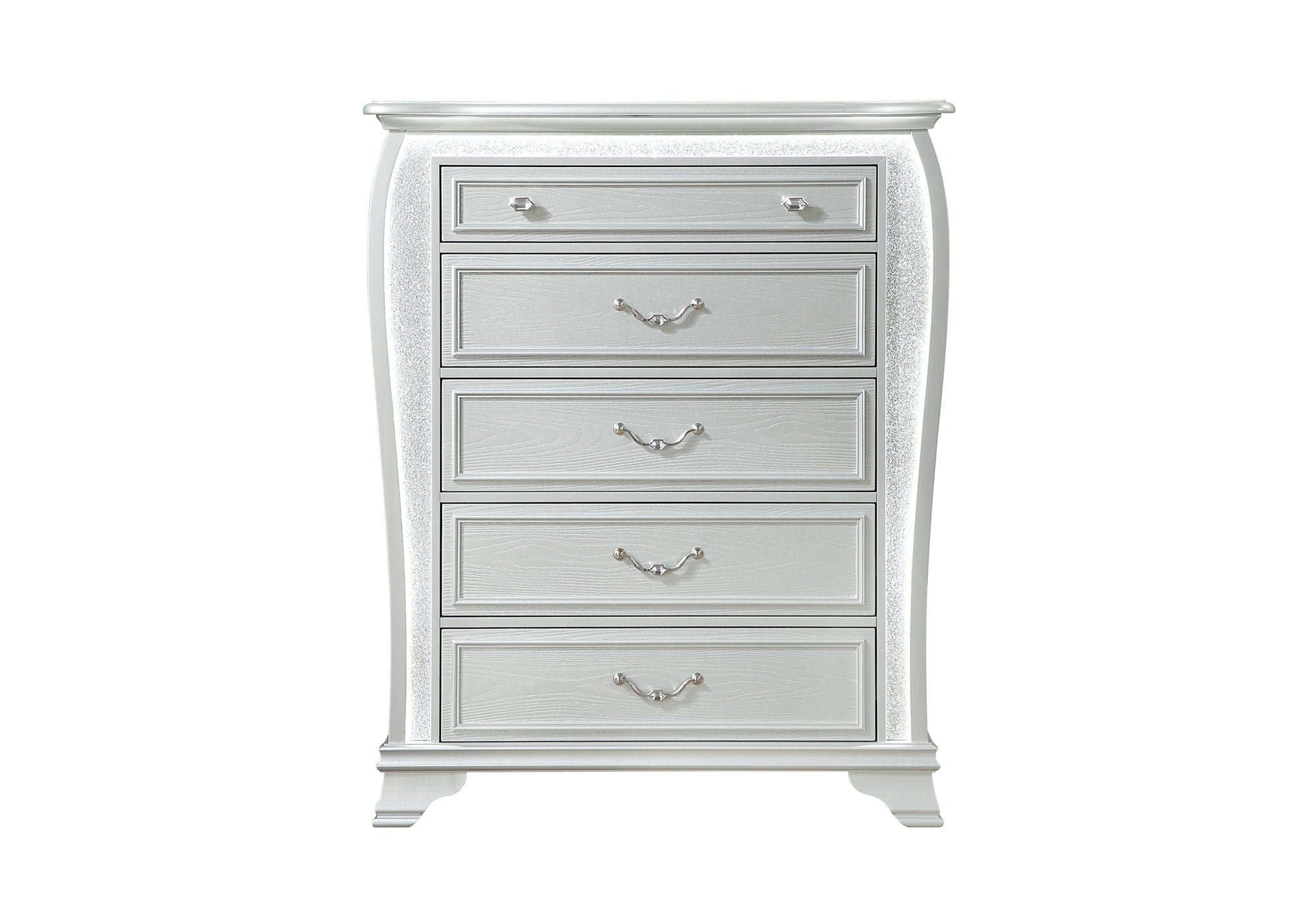 Aria - 5 Piece King Bedroom Set (Bed, Dresser & Mirror, Nightstand, Chest) - Silver