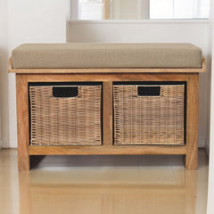 Rattan Basket Linen Bench - Brown