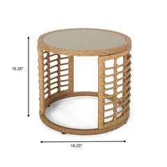 Outdoor Side Table With Tempered Glass Top And Rattan Wicker Cover - Light Brown