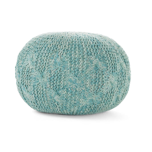 Deon - Knitted Pet Yarn Round Pouf With Classic Cable Knit Design - Aqua