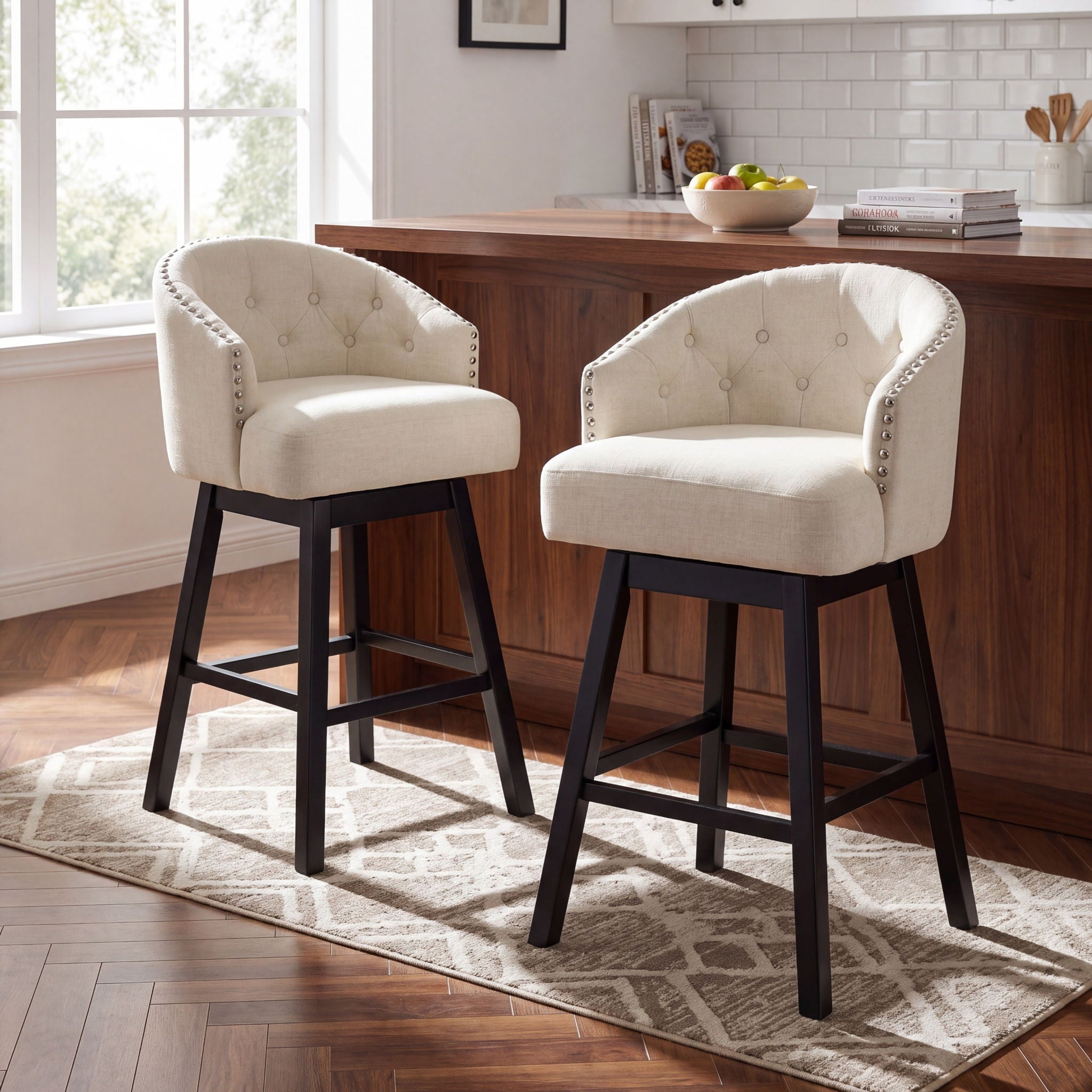 360 Degree Swivel Bar Stool & Stunning Nailhead Trim (Set of 2) - Beige