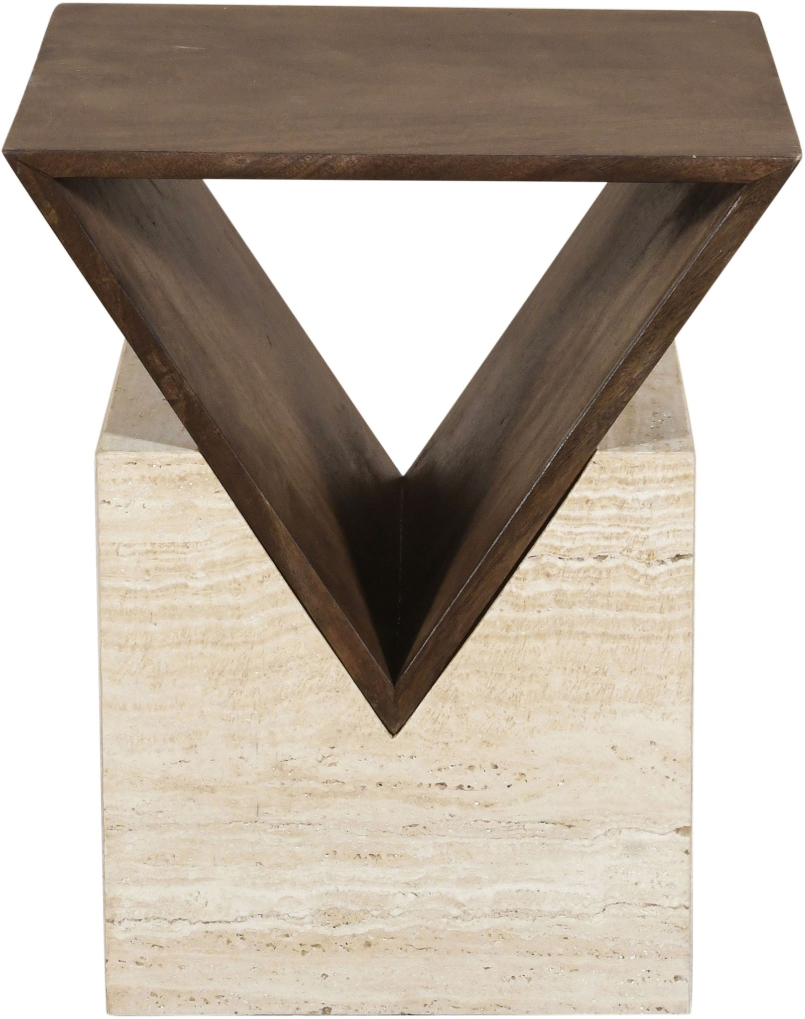 Opus - Travertine And Mango Wood End Table - Brown / Beige