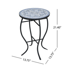 Outdoor Round Side Table With Mosaic Style Top And Curved Iron Legs