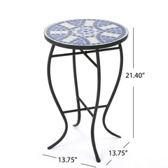 Outdoor Round Side Table With Mosaic Style Top And Curved Iron Legs - Blue / Matte Black
