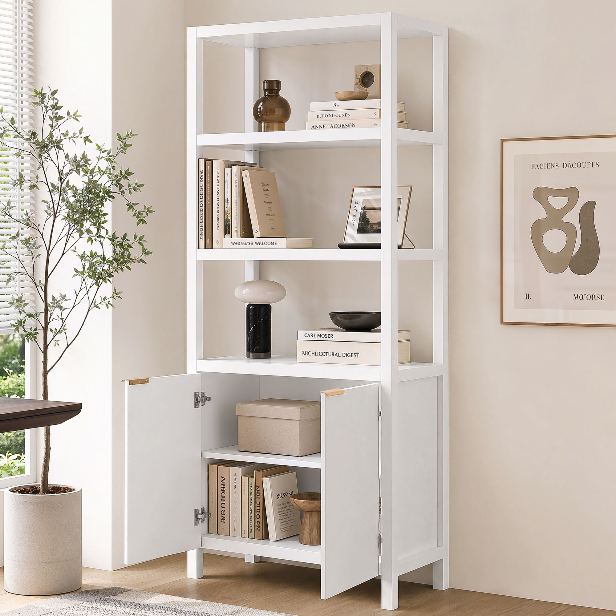 Modern Tall Storage Bookcase Cabinet With 2 Open Shelves & Double Doors