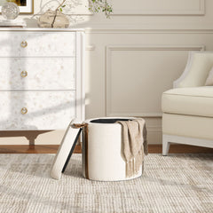 Brandy - Round Upholstered Storage Ottoman With Leather Accent