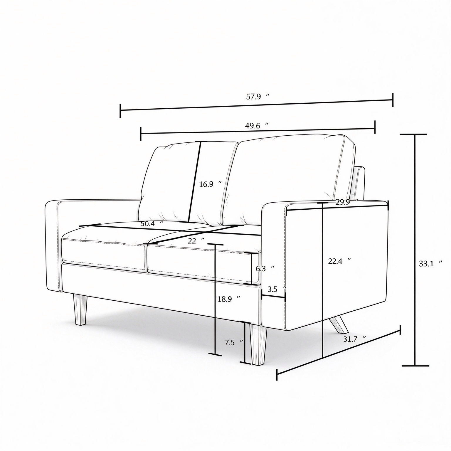Loveseat Sofa, 2 Seat Couch With Removable Cushion For Living Room