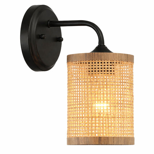 Reef - Single Lights Wall Sconce With Natural Shade Rustic Wicker Wall Light - Black / Rattan