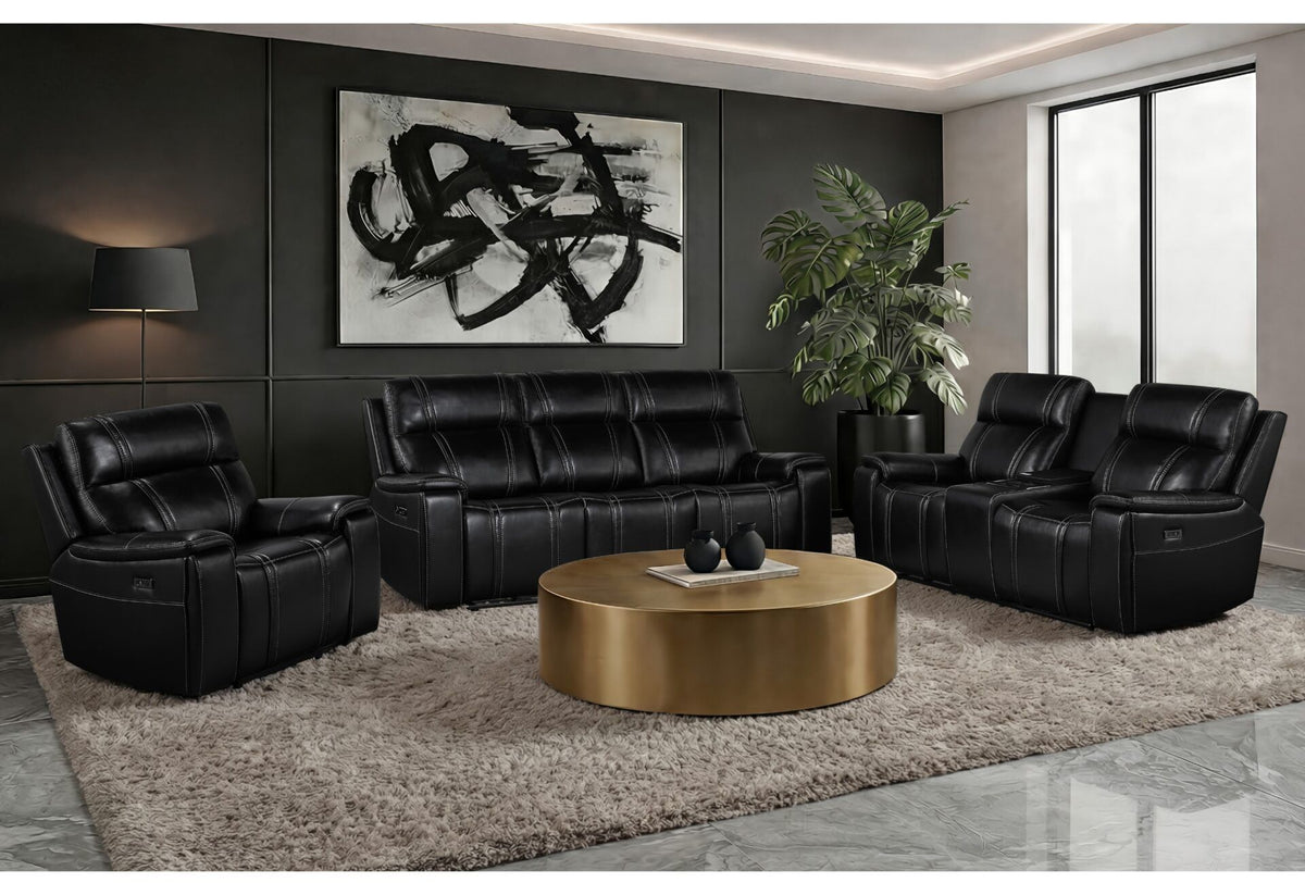 U8881 / U8880 - Leather Power Reclining Sofa / Power Console Reclining Loveseat / Power Recliner - Black