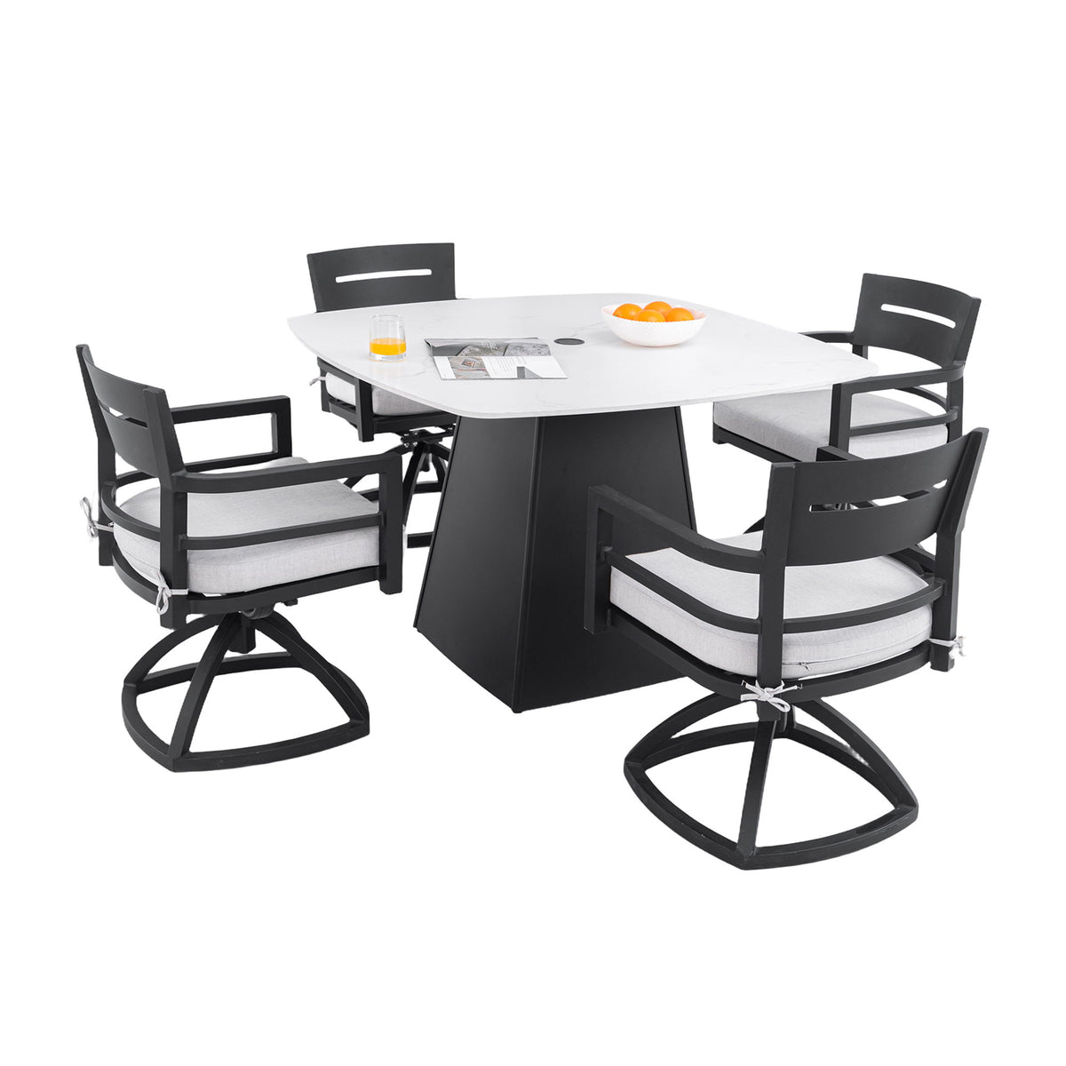 Outdoor Patio Dining Set, Squircle Dining Table, Dining Chairs With Sunbrella Cushions